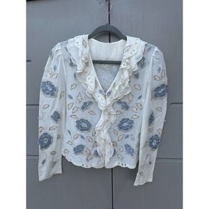 Vintage Handmade ruffles blouse with Embroidery Appliqués Sz S ( Please read)